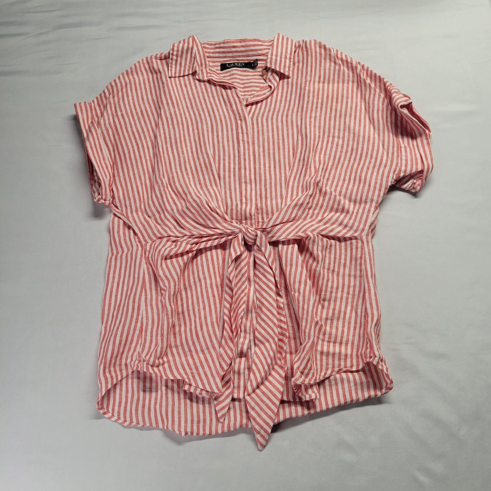 Lauren Ralph Lauren Red White Striped Linen Front Tie Shirt Large Short Sleeve - Picture 2 of 11